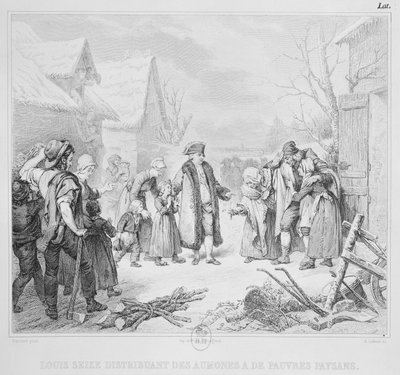لويس السادس عشر (1754-93) توزيع الصدقات على الفلاحين عام 1788 ، نقشها أ. بواسطة لويز ماري جين هيرسينت