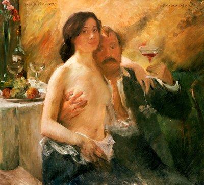 بورتريه ذاتي مع امرأة عارية والزجاج بواسطة Lovis  Corinth