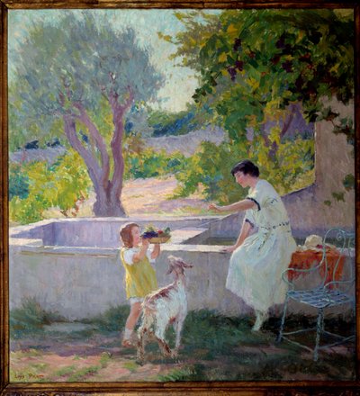 مدام برات وابنتها في الحديقة مع الماعز الصغير لوحة جوزيف لويس برات (1879-1934) ، القرن العشرين. عمدة Donzere. بواسطة Loys Prat