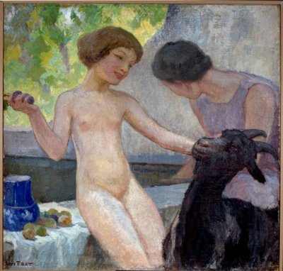فتاة عارية تلعب مع ماعز لوحة لجوزيف لويس برات (1879-1934) ، القرن العشرين. زيت على قماش. Donzere ، مجلس المدينة. بواسطة Loys Prat