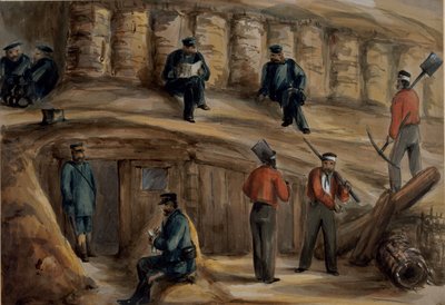 مدفعيون من الفوج الملكي المدفعية يستريحون في خنادق سيباستوبول ، 1855 بواسطة الملازم هنري جيمس ألدرسون