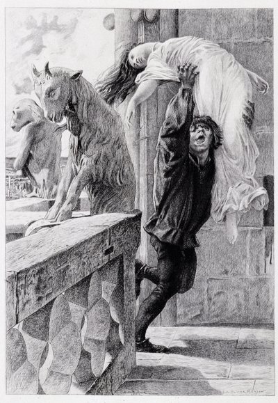 Quasimodo ableve Esmeralda - في "Notre Dame de Paris" بقلم فيكتور هوغو بواسطة Luc Olivier Merson ، نقش بواسطة Gery Bichard ، محرر. إي تستارد ، باريس بواسطة لوك أوليفر ميرسون
