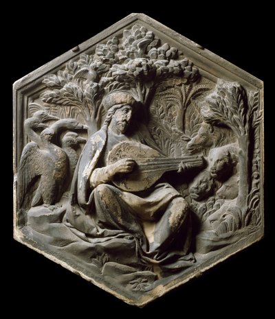 رمزية للموسيقى مثل Orphee تستمع حيوانات الغابة إلى Orphee وهو يعزف على العود. ارتياح كبير للوكا ديلا روبيا بواسطة لوكا ديلا روبيا