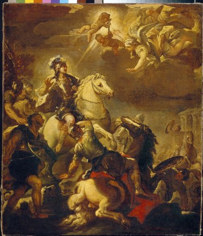 ظهور الصليب للإمبراطور قسطنطين (Flauius Valerius Aurelius Constantinus ، 272-306). (ظهور الصليب للإمبراطور قسطنطين). لوحة لوكا جيوردانو (1632-1705) ، زيت على قماش ، حوالي 1680. الفن الإيطالي (نابولي) بواسطة لوكا جيوردانو