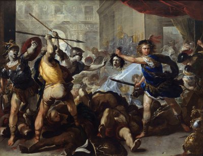 "" يحول Perseus Phineas وأعدائه إلى حجر من خلال التلويح أمامهم برأس الميدوزا "(Perseus يحول Phineas وأتباعه إلى حجر) لوحة للوكا جيوردانو (1632-1705) حوالي 1680 المتحف الوطني ، لندن بواسطة لوكا جيوردانو