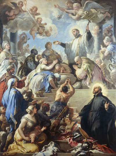 القديس فرانسيس كزافييه يعمد الهنود ، بقلم لوكا جيوردانو (1634-1705) ، زيت على قماش ، 421 × 315 سم بواسطة لوكا جيوردانو