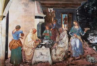 Benedict tells the monks where and when they ate while they were outside the Monastery, scene from the Stories of St Benedict بواسطة لوكا سينيوريلي