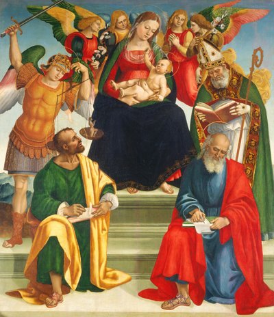 مادونا والطفل مع القديسين والملائكة ، منتصف أو أواخر عام 1510. بواسطة لوكا سينيوريلي