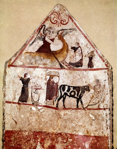 A bull leads on the altar of the sacrifice Lucanian fresco from the 4th century BC, from the necropolis of Andriuolo in Paestum, Italy. Museo nazionale archeologico, Paestum بواسطة مدرسة Lucanian
