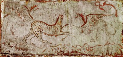 A fight between a panthere and a griffon Lucanian fresco from the 4th century BC, from the tomb of the Horseman, necropolis of Paestum, Italy. Museo nazionale archeologico, Paestum بواسطة مدرسة Lucanian