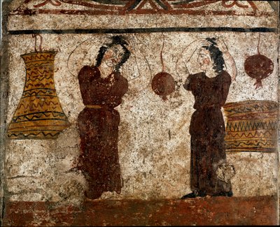 مجموعة من الراقصين خلال طقوس جنائزية Lucanian جدارية من القرن الرابع قبل الميلاد ، من مقبرة Paestum ، إيطاليا. Museo nazionale archeologico، Paestum بواسطة مدرسة Lucanian