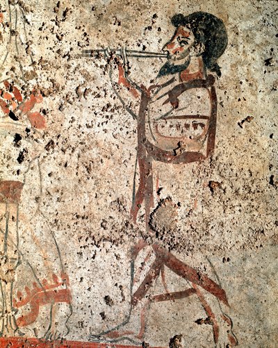 موسيقي يعزف على الفلوت Lucanian في الهواء الطلق من القرن الرابع قبل الميلاد ، من مقبرة بايستوم ، إيطاليا. Museo nazionale archeologico، Paestum بواسطة مدرسة Lucanian