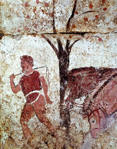 A peasant pulling two horses Lucanian fresco from the 4th century BC, from the necropolis of Paestum, Italy. Museo nazionale archeologico, Paestum بواسطة مدرسة Lucanian