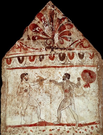رياضيان يلعبان pugilat (الملاكمة) جصية Lucanian من القرن الرابع قبل الميلاد ، من مقبرة Paestum ، إيطاليا. Museo nazionale archeologico، Paestum بواسطة مدرسة Lucanian