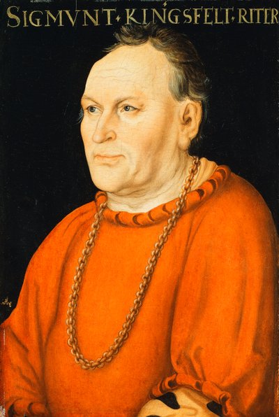 صورة لـ Sigmunt Kingsfelt ، نصف طول ، يرتدي زيًا أحمر ، بواسطة Lucas Cranach
