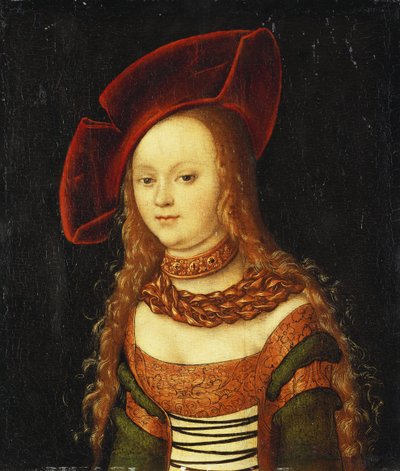 صورة لفتاة صغيرة ، نصف طول ، ترتدي زي أخضر وذهبي مع قبعة حمراء بواسطة Lucas Cranach