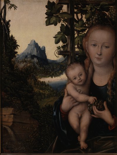 بالألمانية: Die Madonna vor der Weinlaube العذراء في شجرة عنب بواسطة لوكاس كراناش الأكبر