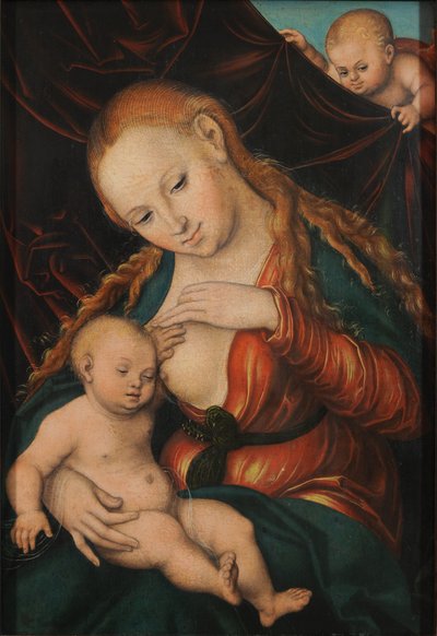 بالألمانية: Madonna, dem Christkind de Christkind die Brustehend العذراء التي ترعى الطفل بواسطة لوكاس كراناش الأكبر