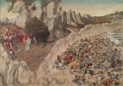 الألمانية: Zug der Israeliten durch das Rote Meer (Untergang des Pharao) جنود فرعون الغارقون في البحر الأحمر بواسطة لوكاس كراناش الأكبر