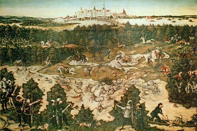 مطاردة تكريما للإمبراطور تشارلز الخامس بالقرب من قلعة هارتنفيلز ، تورجاو ، 1544 (انظر أيضًا 38682 و 72409 و 498129) بواسطة لوكاس كراناش الأكبر