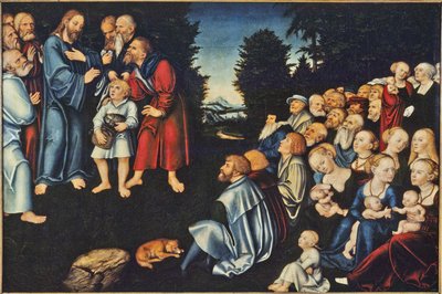 لا تكاثر الآلام - معجزة الأرغفة الخمسة وسمكتان ، بقلم كرانش ، لوكاس ، الأكبر (1472-1553). زيت على خشب. الأبعاد: ٨٢ × ١٢٠ سم. المتحف الوطني ستوكهولم بواسطة Lucas the Elder Cranach