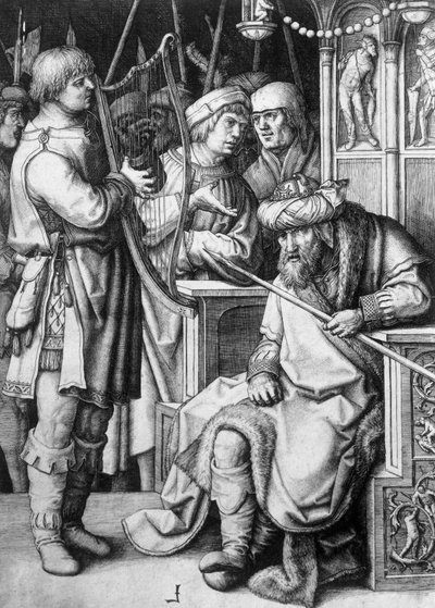 ديفيد يعزف على القيثارة أمام الملك شاول ، حوالي 1508 ، بقلم لوكاس فان ليدن (1494-1533) ، نقش بواسطة لوكاس فان ليدن