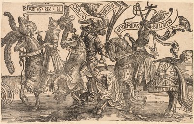 الأبطال التسعة: آرثر ، شارل شارلمان العظيم ، Godfrey of Bouillon ، 1515-1517. بواسطة لوكاس فان ليدن