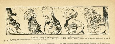 رسم توضيحي في Le Rire ، 04/01/13 - عام 1913 ... - المسرح ، الكوميديا الفرنسية - Hugo Victor ، Dumas Alexandre (fils) ، Lavedan Henri (1859-1940) ، Guitry Sacha ، Musset Alfred ، Moliere (النقش) بواسطة لوسيان ميتيفيت