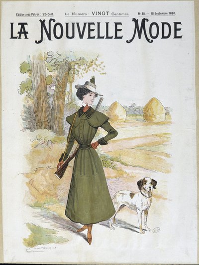 امرأة في ملابس الصيد ترتدي بندقية - في "" La Nouvelle Mode "من سبتمبر 1898 بواسطة لوسيان ميتيفيت
