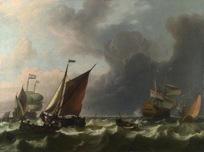 رجال الحرب الهولنديين والسفن الصغيرة في نسيم منعش قبالة إنخويزين ، 1683 بواسطة لودولف باخويزن