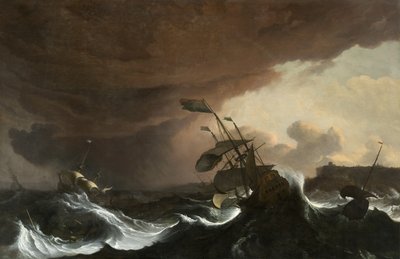 السفن في بحر عاصف قبالة الساحل ، حوالي 1700-1705 (زيت على قماش) بواسطة لودولف الأول باكهويسن