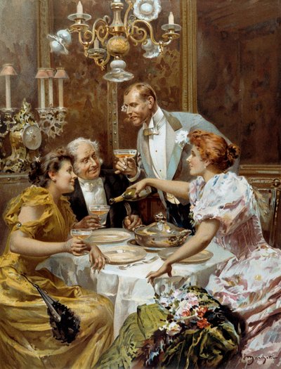وقت جميل: "العشاء الجيد" "" زوجان في صالة خاصة يشربان الشمبانيا. رسم لودوفيكو مارشيتي (1853-1909) 1893 مجموعة خاصة بواسطة لودوفيكو ماركيتي