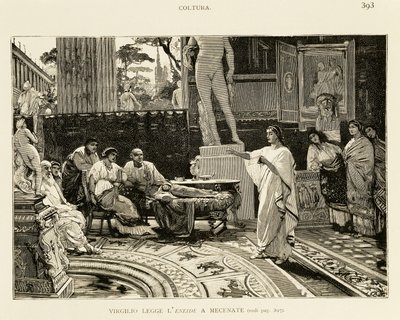 Maecenas يستمع إلى Virgil وهو يقرأ Aeneid ، رسم توضيحي لـ Lodovico Pogliaghi (1857-1950) للتاريخ المبكر لروما ، بقلم Francesco Bertolini (1836-1909) ، طبعة Fratelli Treves ، ميلان بواسطة لودوفيكو بوغلياجي