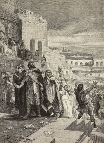 زواج أوغو وماروزيا ، موكب زفاف بحضور البابا ، نقش بواسطة إي مانكاستروببا من لوحة لودوفيكو بوجلياغي (1857-1950) ، من L
