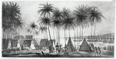 ميناء هانارورو في جزر ساندويتش ، من "فوياج بيتوريسك حول العالم" ، منقوش بجي لانجلوم (fl.1822-40) 1822 بواسطة لودفيج شوريس