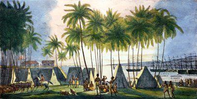 ميناء هانارورو في جزر ساندويتش ، من "فوياج بيتوريسك حول العالم" ، منقوش بجي لانجلوم (fl.1822-40) 1822 بواسطة لودفيج شوريس