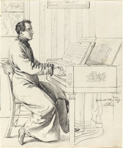 Grimm ، لودفيج إميل جيرمان ، 1790 - 1863 صهر الفنان ، لودفيغ هاسينبفلوغ ، الاستعداد للعزف على البيانو ، 1826 (قلم وحبر أسود فوق الجرافيت على ورق منسوج) بواسطة لودفيج إميل جريم