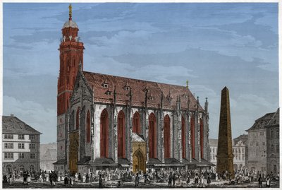 كنيسة القديسة مريم في فورتسبورغ ، أمام ساحة ماركي والمسلة بألمانيا. كاليفورنيا 1850 (نقش) بواسطة لودفيج لانج