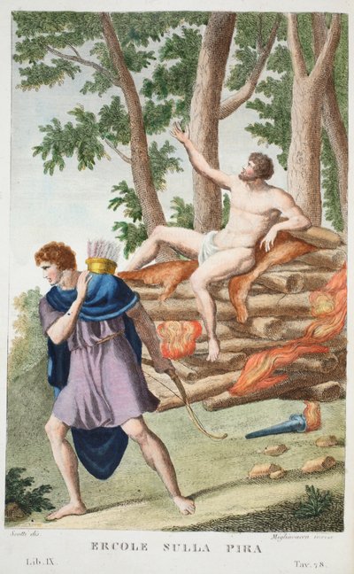 هرقل على Pyre أو Ercole sulla Pira ، الكتاب التاسع ، رسم توضيحي من تحولات أوفيد ، فلورنسا ، 1832 (نقش يدوي) بواسطة لويجي أديمولو