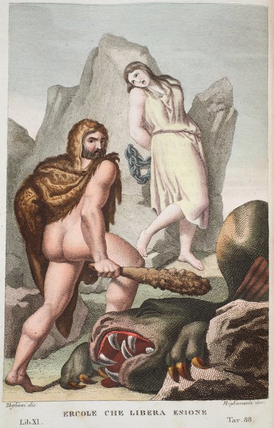 هرقل يحفظ Hesione أو Ercole che Libera Enione ، الكتاب الحادي عشر ، رسم توضيحي من Ovid&39;s Metamorphoses ، فلورنسا ، 1832 (نقش يدوي) بواسطة لويجي أديمولو