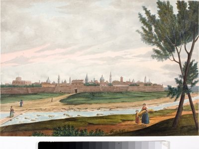 منظر لمدينة مسورة ، من المحتمل أن تكون لوكا في توسكانا (بالحبر والألوان المائية ، حوالي 1820) بواسطة لويجي جاريبو