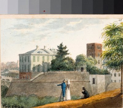 منظر لقلاع وبرج جرس سانتو ستيفانو ، جنوة (ألوان مائية ، حوالي 1825) بواسطة لويجي جاريبو