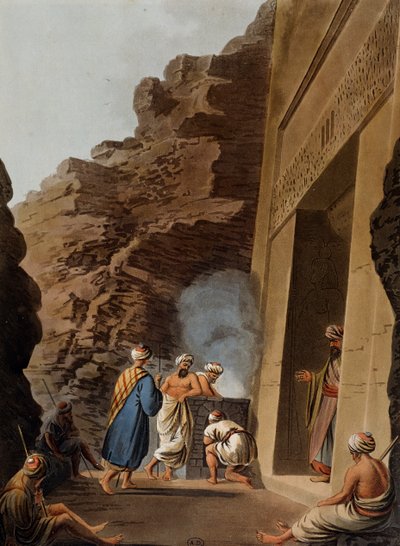 مدخل حجرة الدفن في تمثال أبو الهول بالجيزة ، نقش ، بواسطة لويجي ماير (1755-كاليفورنيا 1803) ، من مناظر في مصر وفلسطين وأجزاء أخرى من الإمبراطورية العثمانية بواسطة لويجي ماير