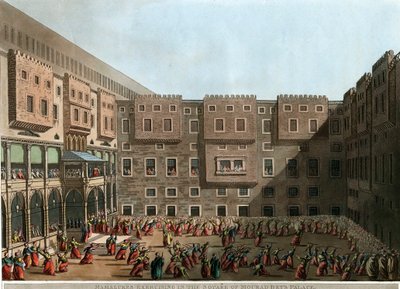 "" المماليك يمارسون الرياضة في ساحة قصر مراد باي) طباعة حجرية بواسطة لويجي ماير (1755-1803) - 1802 مقاس 22.9x31.6 سم مجموعة خاصة بواسطة لويجي ماير