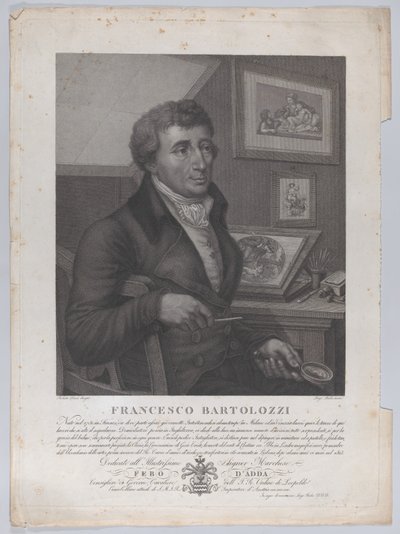 صورة لفرانشيسكو بارتولوزي جالسًا ممسكًا بعدسة مكبرة بأداة الطباعة ... ، 1827 بواسطة روبرتو فوكوسي
