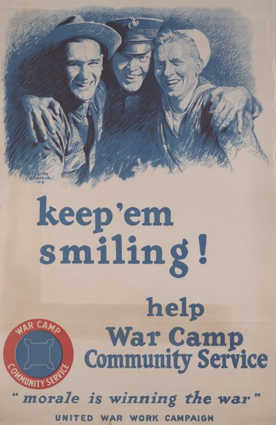 ابق مبتسما! مساعدة War Camp خدمة المجتمع. "المعنويات تربح الحرب". بواسطة م. ليون براكر