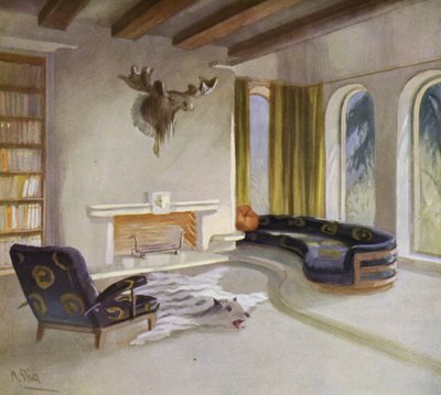 1930s interiors: Smoking room in a country house (colour litho) بواسطة م. توروس