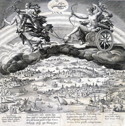 لونا: رمز القمر (ديانا) والعقرب تحت تأثيره (علامة البروج) - نقش بواسطة Maaerten de Vos (Martin de Vos ، Marten de Vos) (1532-1603) ، بدون تاريخ. بواسطة مارتن دي فوس