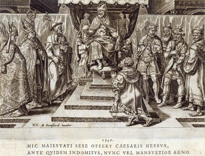 تقديم فيليب ، Landgrave of Hesen في عام 1547 ، اللوحة 12 من "الإنجازات العسكرية للإمبراطور تشارلز الخامس" ، التي نقشها Dirk Volkertsz Coornhert (1522-90) ، 1555 (النقش والحفر) بواسطة مارتن فان هيمسكرك