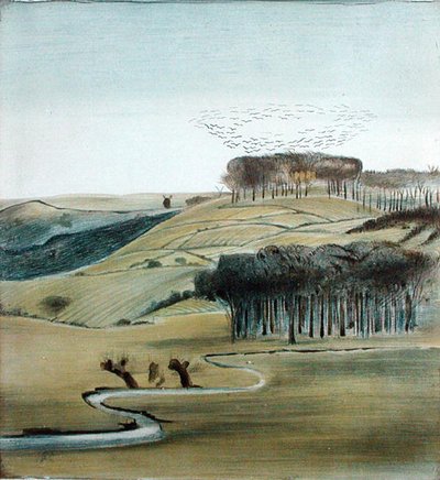 منظر طبيعي مع قطيع من الغربان (قلم رصاص وقلم وحبر وألوان مائية على ورق) بواسطة مادلين ويندهام
